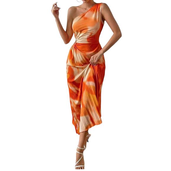 One Shoulder Dress, Maxi, Asymmetrical Neckline, Shein, L, Orange White - Picture 3 of 6